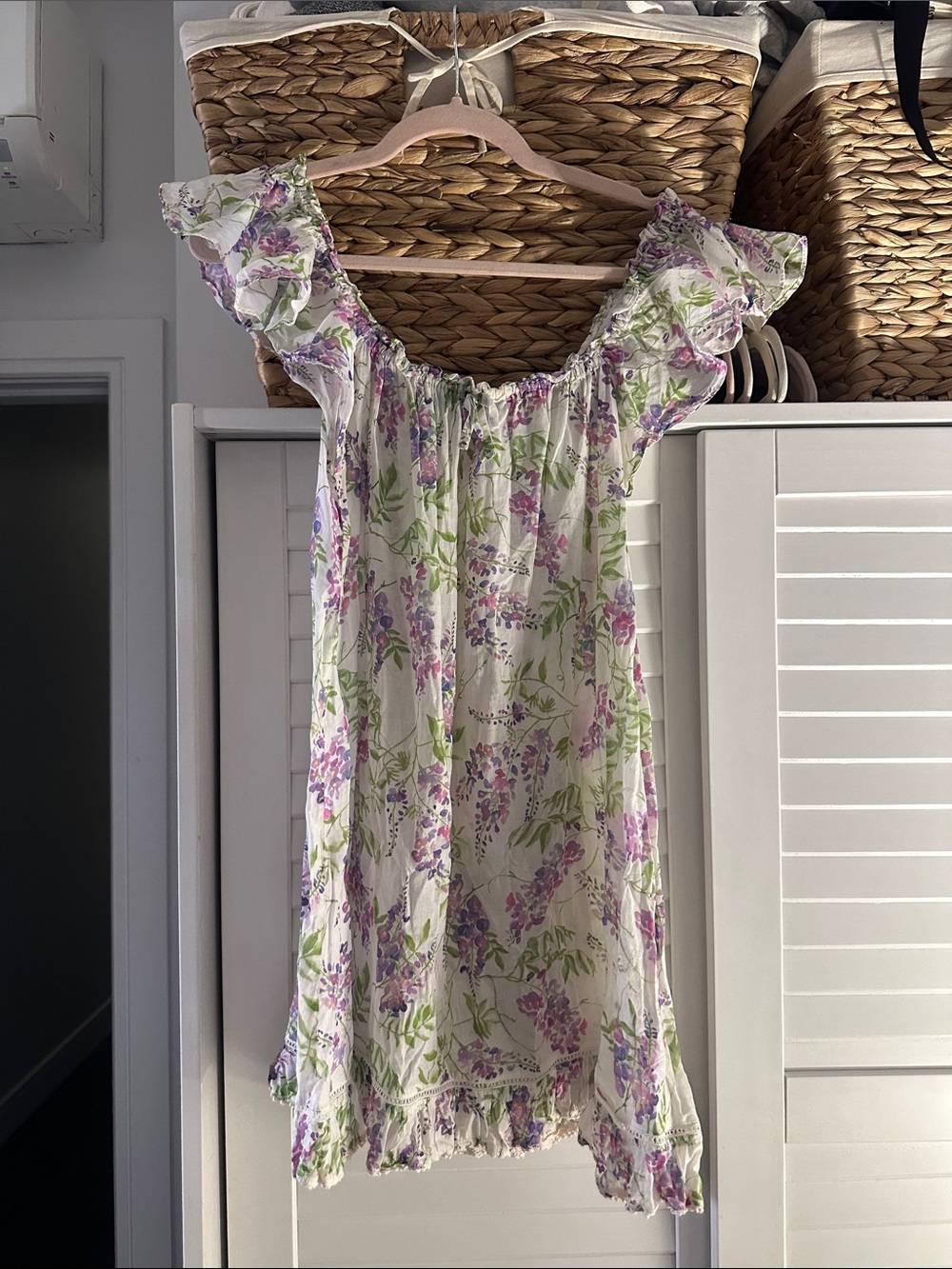 Hill House Floral Ruffle Sleeve Dress - White with Purple & Green